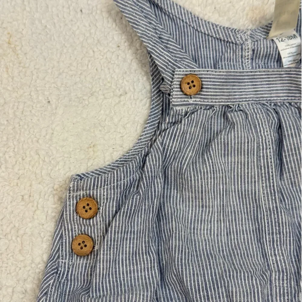 OshKosh Girl Denim Bubble Romper Shortalls Engineer Stripe Ruffle 12-18 Months